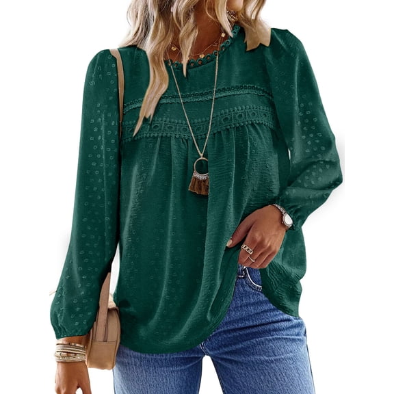 UVN Fall Shirts for Women Long Sleeve Blouses Ladies Crewneck Lace Crochet Tops Dressy Chiffon Blouses