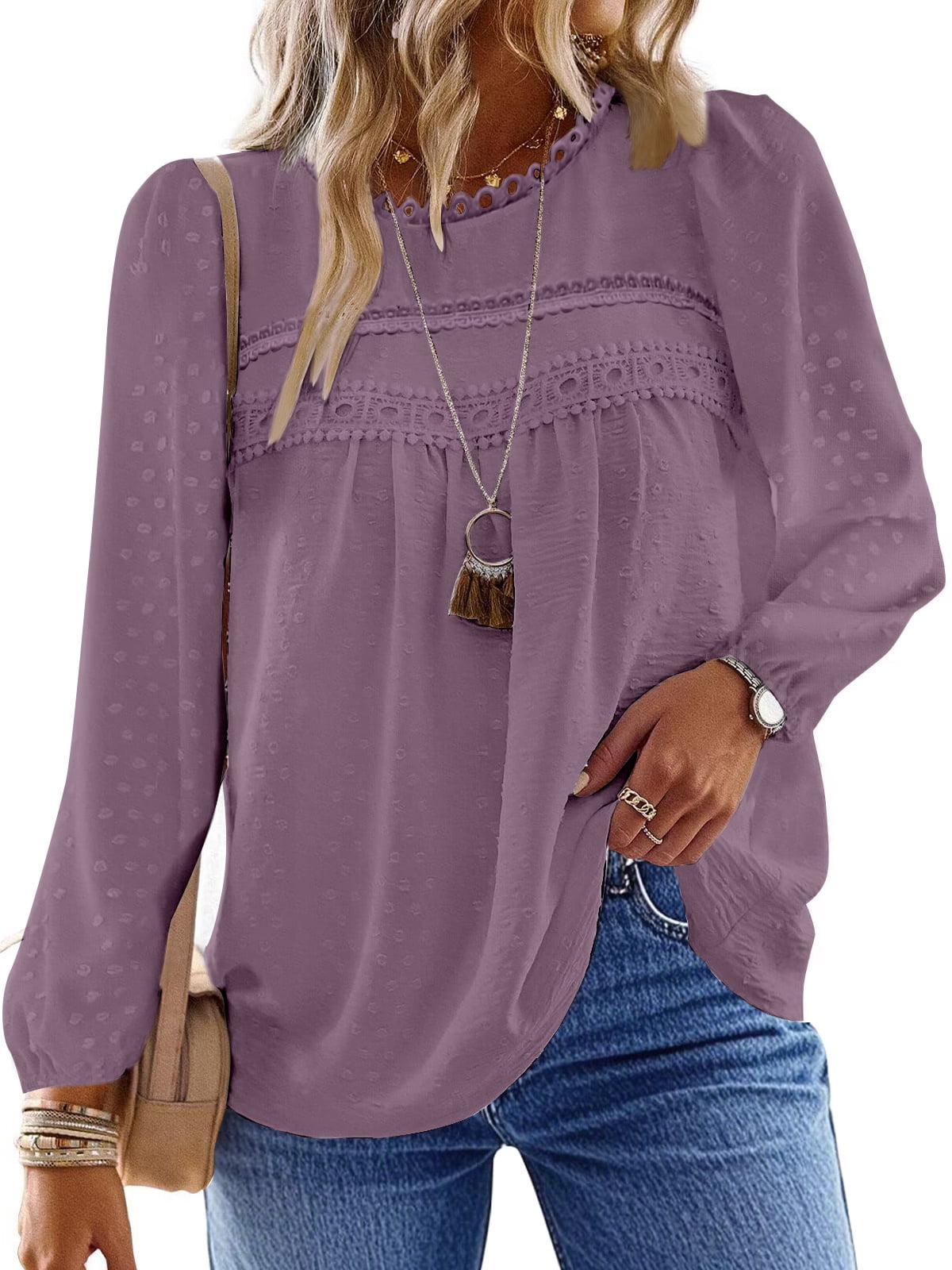 3/4 Length Sleeve Womens Tops Crewneck Lace Tunic Business Casual Dressy Blouses Spring Trendy Clothes 2025 - View #4