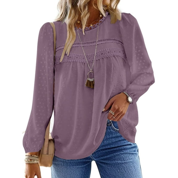 UVN Fall Shirts for Women Long Sleeve Blouses Ladies Crewneck Lace Crochet Tops Dressy Chiffon Blouses