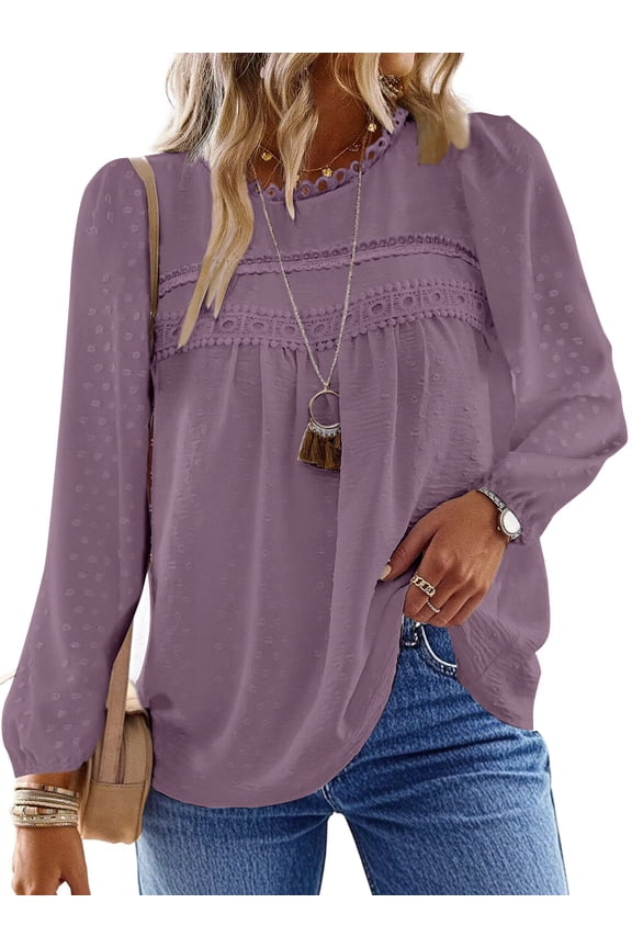 Fall Shirts for Women Long Sleeve Blouses Ladies Crewneck Lace Crochet Tops Dressy Chiffon Blouses