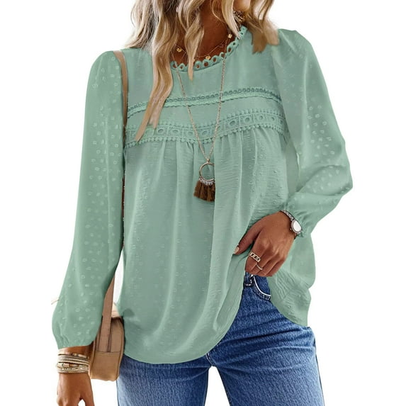 UVN Fall Shirts for Women Long Sleeve Blouses Ladies Crewneck Lace Crochet Tops Dressy Chiffon Blouses