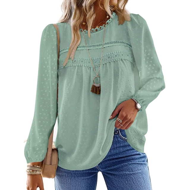 UVN Fall Shirts for Women Long Sleeve Blouses Ladies Crewneck Lace Crochet Tops Dressy Chiffon Blouses
