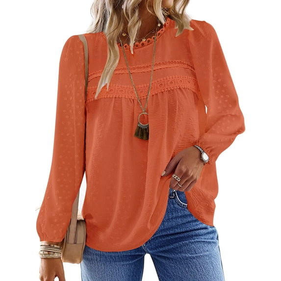 UVN Fall Shirts for Women Long Sleeve Blouses Ladies Crewneck Lace Crochet Tops Dressy Chiffon Blouses
