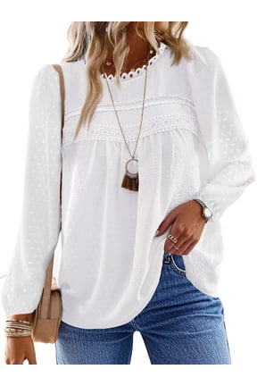 Fall Shirts for Women Long Sleeve Blouses Ladies Crewneck Lace Crochet Tops Dressy Chiffon Blouses