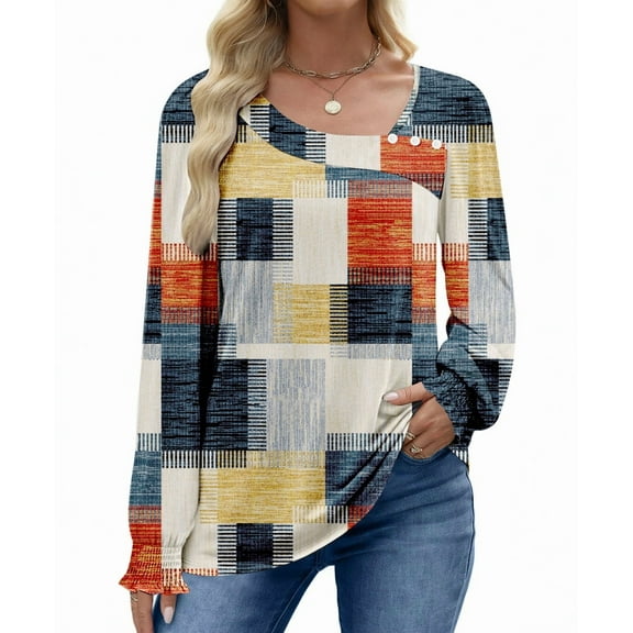 UVN Fall Square Neck Tops for Women Long Sleeve Blouse Ladies Dressy Button Shirts