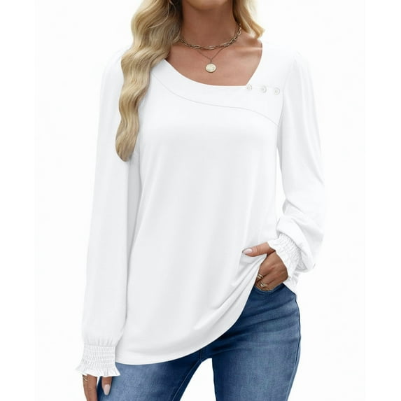 UVN Fall Square Neck Tops for Women Long Sleeve Blouse Ladies Dressy Button Shirts