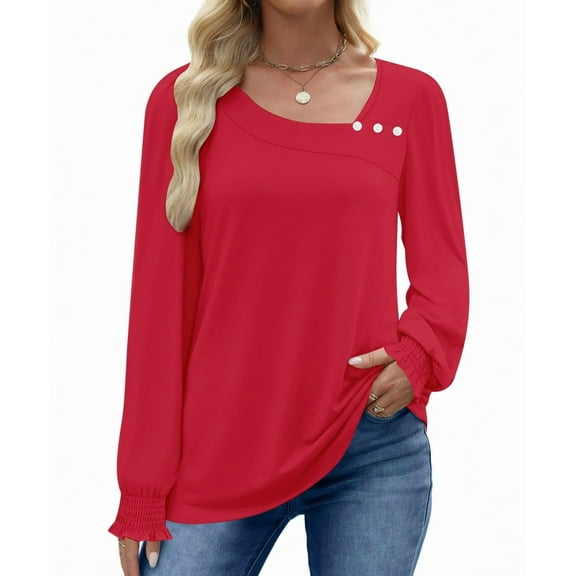UVN Fall Square Neck Tops for Women Long Sleeve Blouse Ladies Dressy Button Shirts