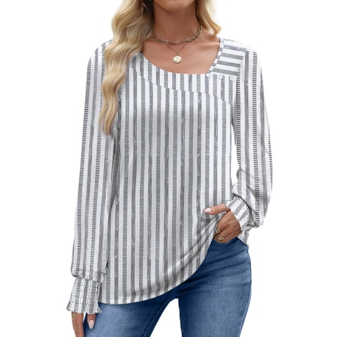 Fall Square Neck Tops for Women Long Sleeve Blouse Ladies Dressy Button Shirts