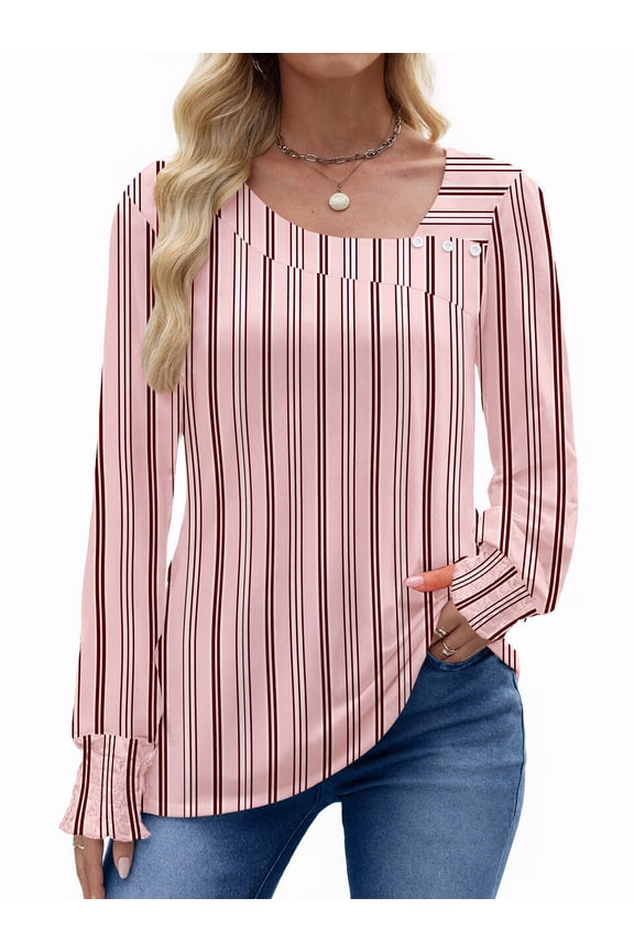 Fall Square Neck Tops for Women Long Sleeve Blouse Ladies Dressy Button Shirts