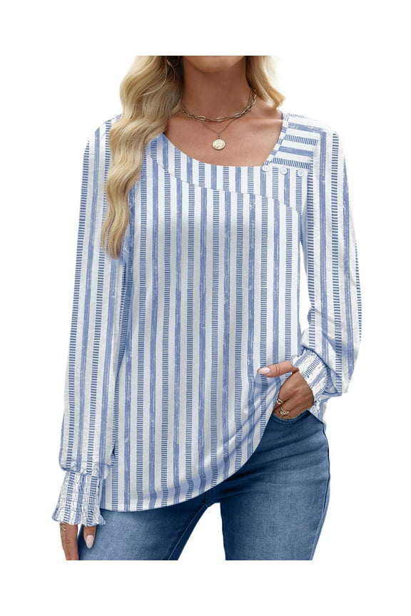 Fall Square Neck Tops for Women Long Sleeve Blouse Ladies Dressy Button Shirts