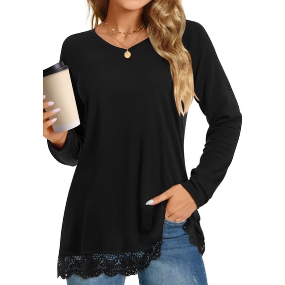 UVN Fall Tops for Women Long Sleeve Lace Trim V Neck Blouses Dressy Casual A Line Tunic Shirts