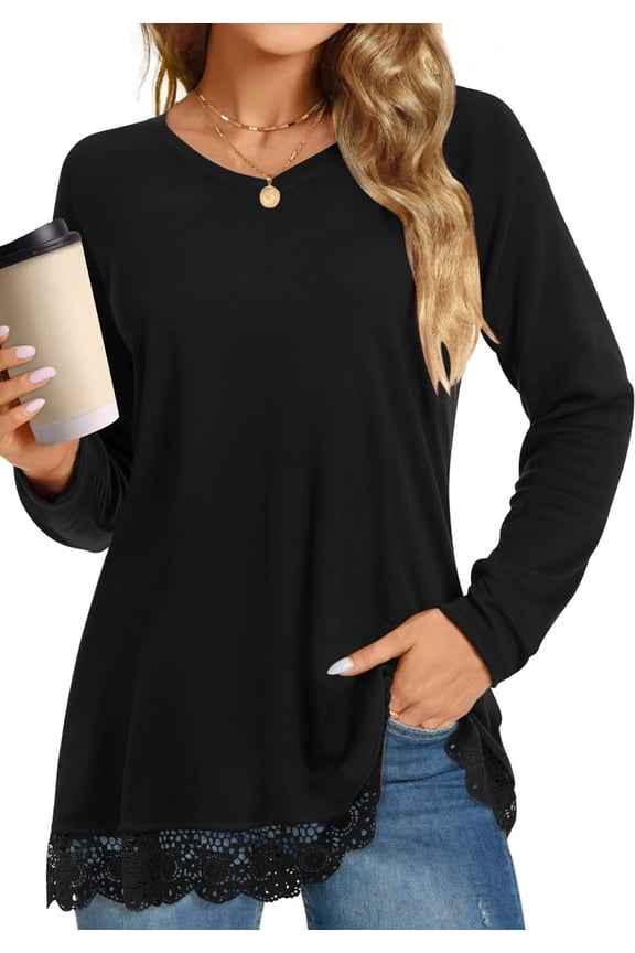 Fall Tops for Women Long Sleeve Lace Trim V Neck Blouses Dressy Casual A Line Tunic Shirts