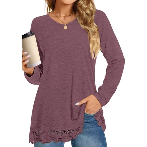 Fall Tops for Women Long Sleeve Lace Trim V Neck Blouses Dressy Casual A Line Tunic Shirts