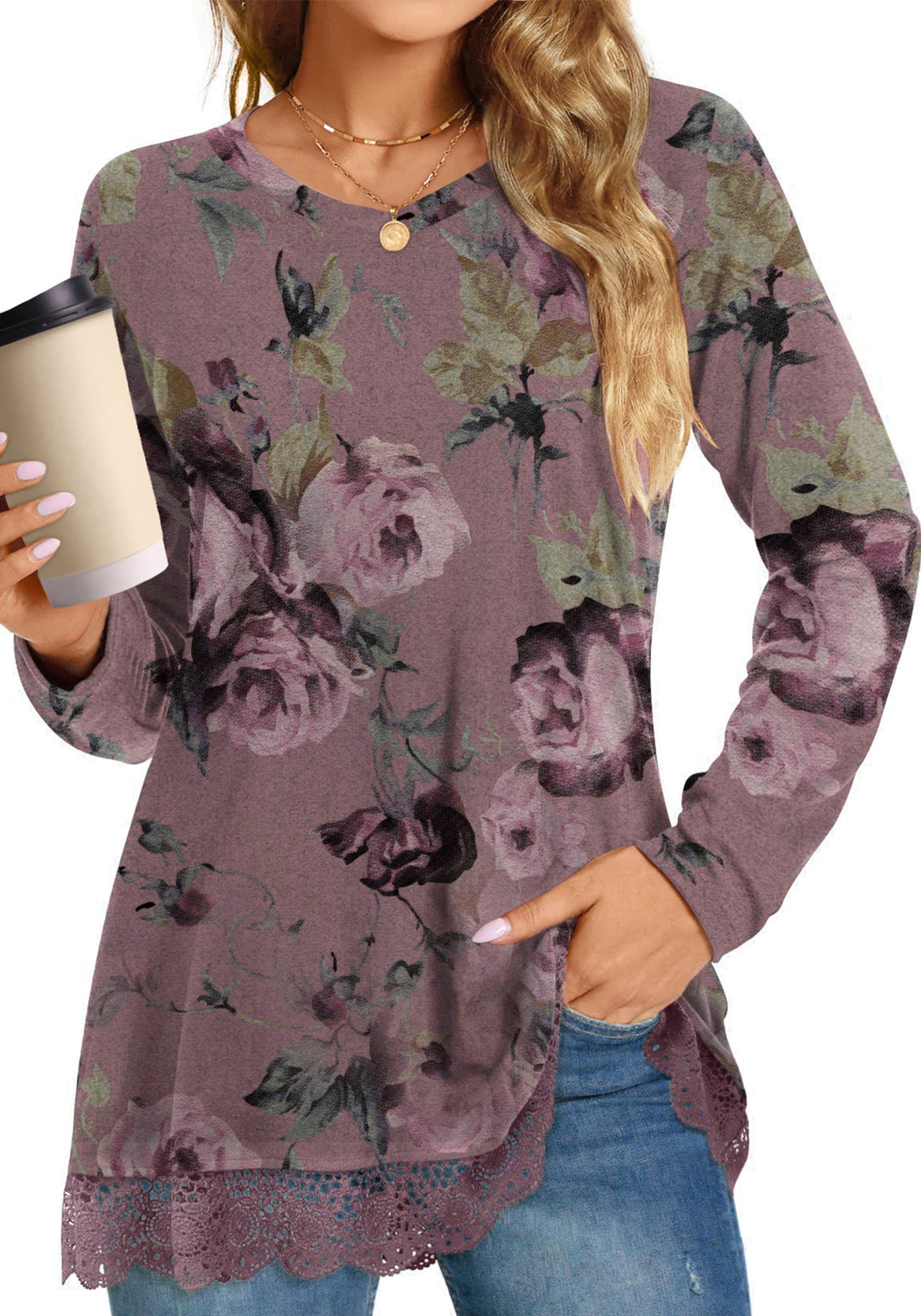 UVN Fall Tops for Women Long Sleeve Lace Trim V Neck Blouses Dressy Casual A Line Tunic Shirts