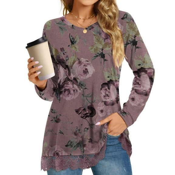 UVN Fall Tops for Women Long Sleeve Lace Trim V Neck Blouses Dressy Casual A Line Tunic Shirts