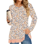 UVN Fall Tops for Women Long Sleeve Lace Trim V Neck Blouses Dressy Casual A Line Tunic Shirts