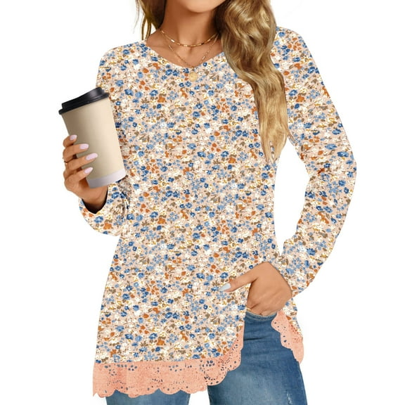 UVN Fall Tops for Women Long Sleeve Lace Trim V Neck Blouses Dressy Casual A Line Tunic Shirts