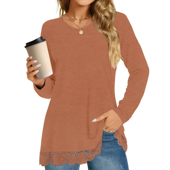 UVN Fall Tops for Women Long Sleeve Lace Trim V Neck Blouses Dressy Casual A Line Tunic Shirts