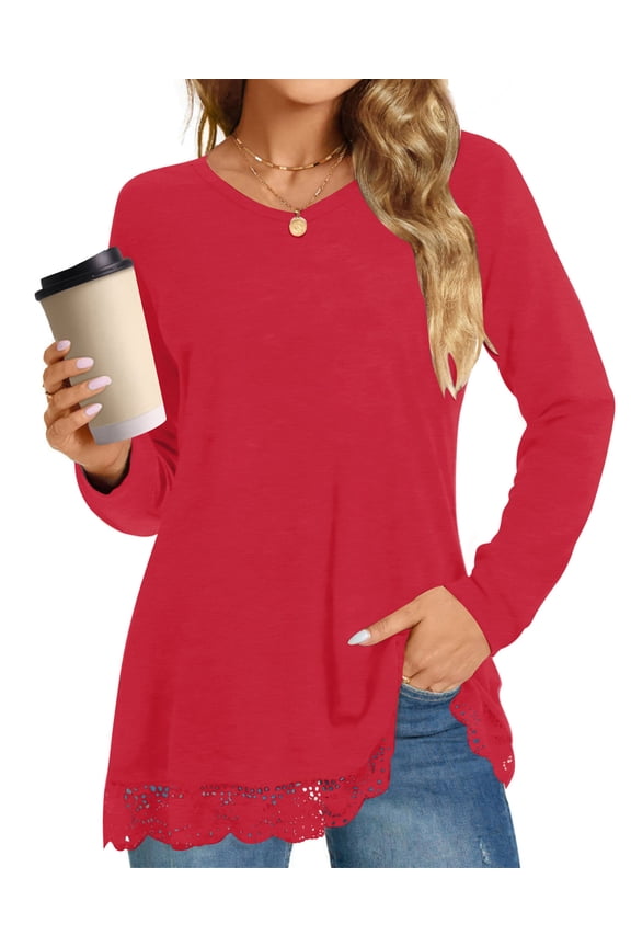 Fall Tops for Women Long Sleeve Lace Trim V Neck Blouses Dressy Casual A Line Tunic Shirts
