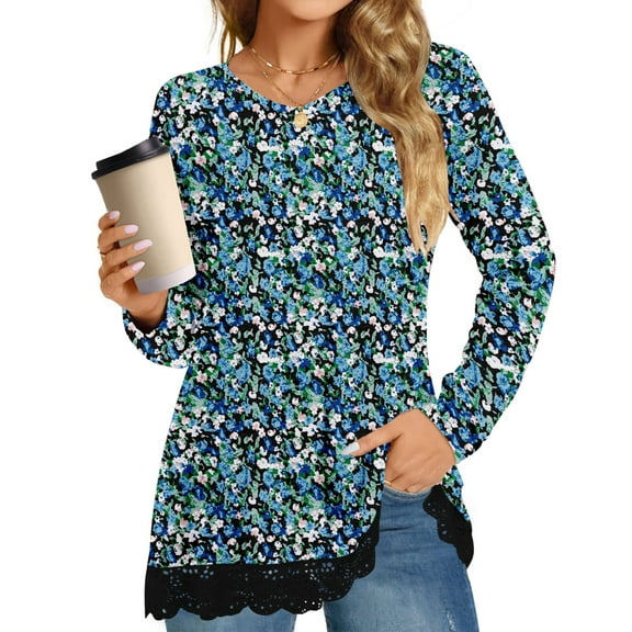 UVN Fall Tops for Women Long Sleeve Lace Trim V Neck Blouses Dressy Casual A Line Tunic Shirts
