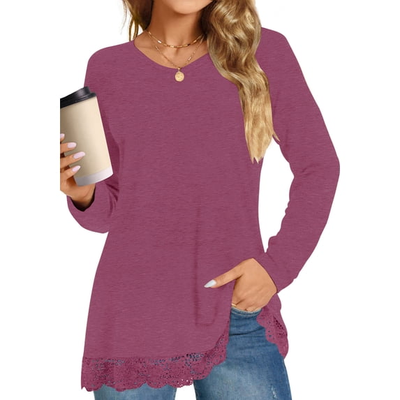 UVN Fall Tops for Women Long Sleeve Lace Trim V Neck Blouses Dressy Casual A Line Tunic Shirts
