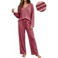 thumbnail image 1 of UVN Fall Womens Pajama Set 2 Piece Long Sleeve V Neck Top and Wide Leg Pant Ladies Soft Matching Lounge Set with Pockets, 1 of 11