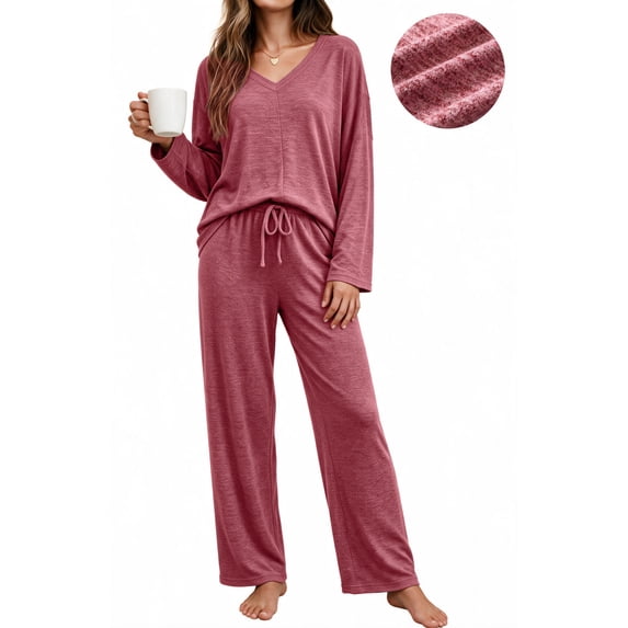 UVN Fall Womens Pajama Set 2 Piece Long Sleeve V Neck Top and Wide Leg Pant Ladies Soft Matching Lounge Set with Pockets