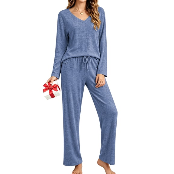 UVN Fall Womens Pajama Set 2 Piece Long Sleeve V Neck Top and Wide Leg Pant Ladies Soft Matching Lounge Set with Pockets