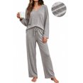 thumbnail image 1 of UVN Fall Womens Pajama Set 2 Piece Long Sleeve V Neck Top and Wide Leg Pant Ladies Soft Matching Lounge Set with Pockets, 1 of 11