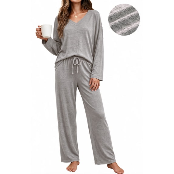 UVN Fall Womens Pajama Set 2 Piece Long Sleeve V Neck Top and Wide Leg Pant Ladies Soft Matching Lounge Set with Pockets