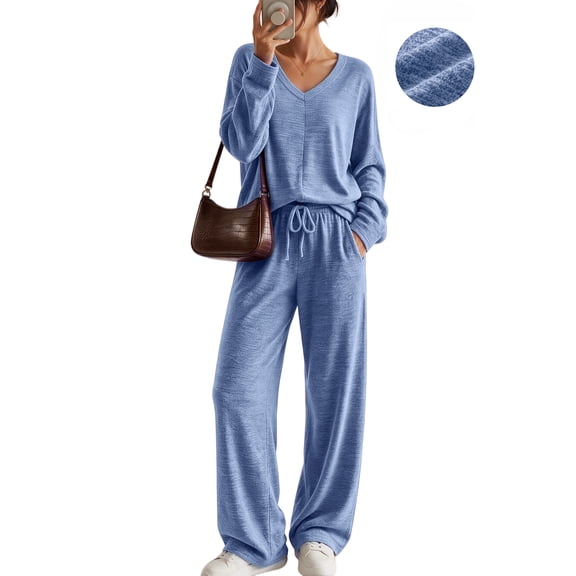 UVN Fall Womens Pajama Set 2 Piece Long Sleeve V Neck Top and Wide Leg Pant Ladies Soft Matching Lounge Set with Pockets