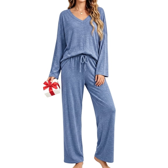 UVN Fall Womens Pajama Set 2 Piece Long Sleeve V Neck Top and Wide Leg Pant Ladies Soft Matching Lounge Set with Pockets
