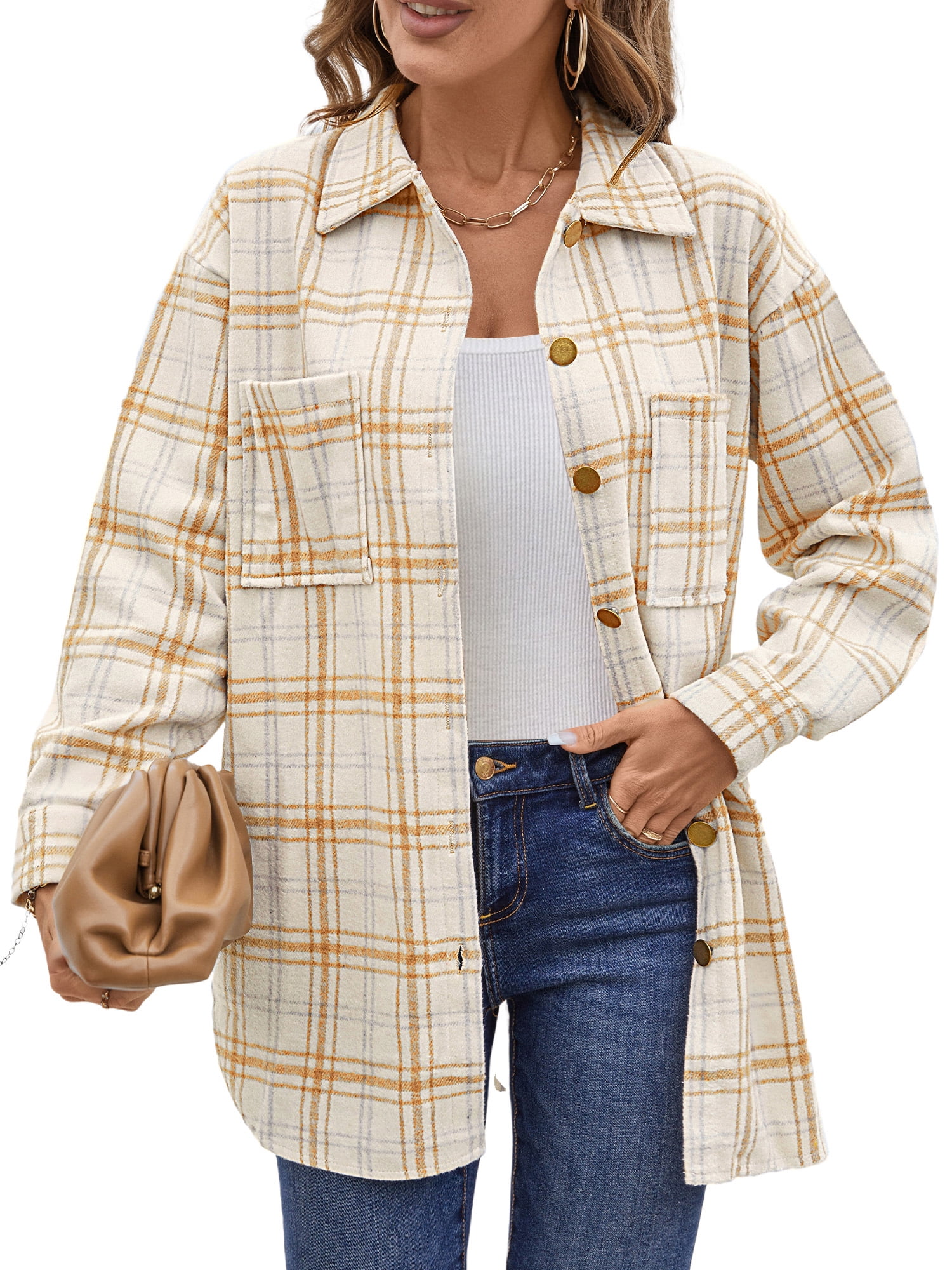 ジャケット・アウター Plaid Shacket Jacket For Women Button Women's Plaid Shacket Jacket Long Sleeve Button Down Flannel