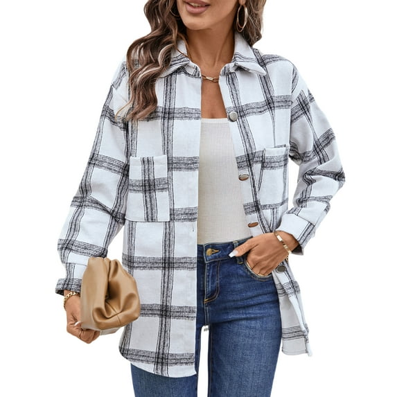 UVN Flannel Plaid Shirts for Women Shacket Jacket Long Sleeve Button Down Shirt Coats Top
