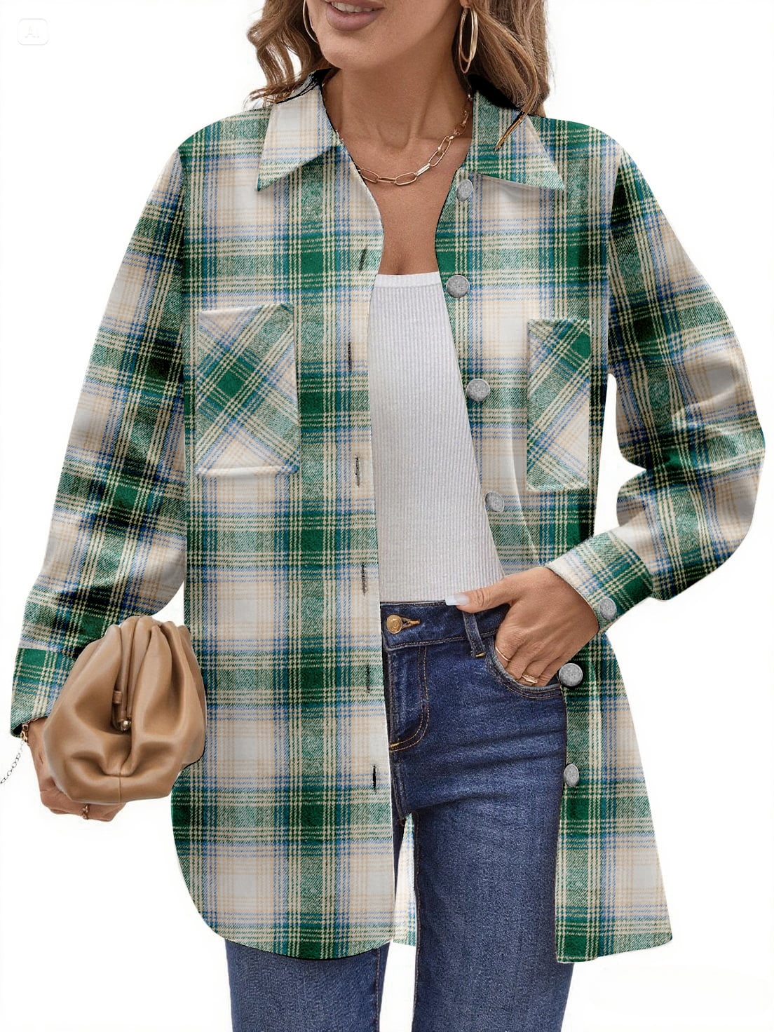 Women oversized Checked Flannel Shacket Shirt