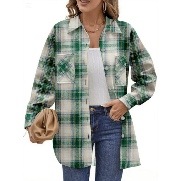 UVN Flannel Plaid Shirts for Women Shacket Jacket Long Sleeve Button Down Shirt Coats Top