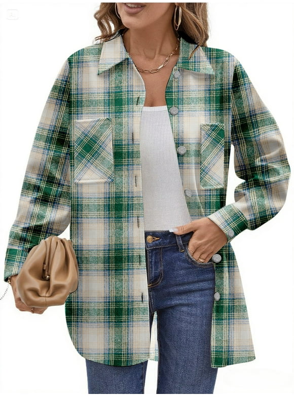Flannel Plaid Shirts for Women Shacket Jacket Long Sleeve Button Down Shirt Coats Top