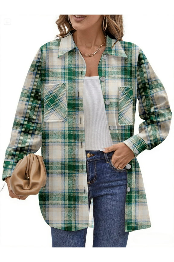 Flannel Plaid Shirts for Women Shacket Jacket Long Sleeve Button Down Shirt Coats Top