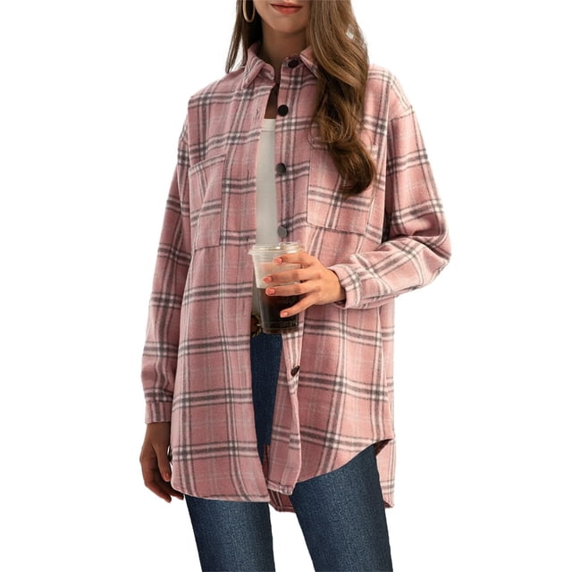 UVN Flannel Plaid Shirts for Women Shacket Jacket Long Sleeve Button