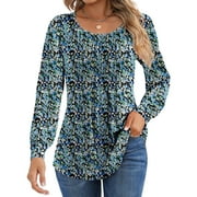 UVN Floral Blouses for Women Pleated Long Sleeve Shirts Casual Crewneck Tunic Tops