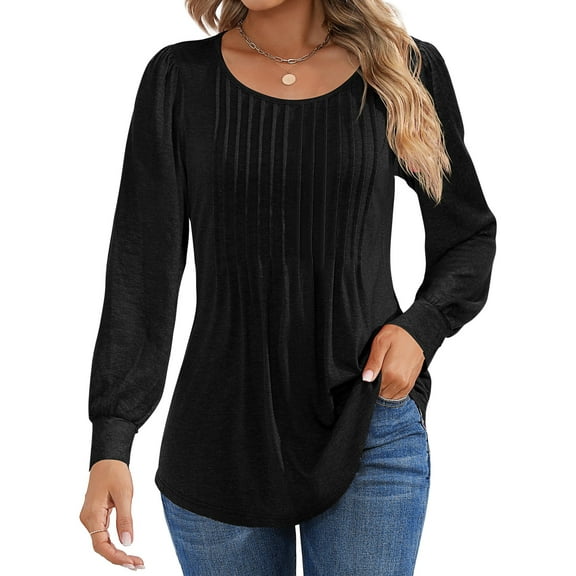 Shine Up Floral Blouses for Women Pleated Long Sleeve Shirts Casual Crewneck Tunic Tops