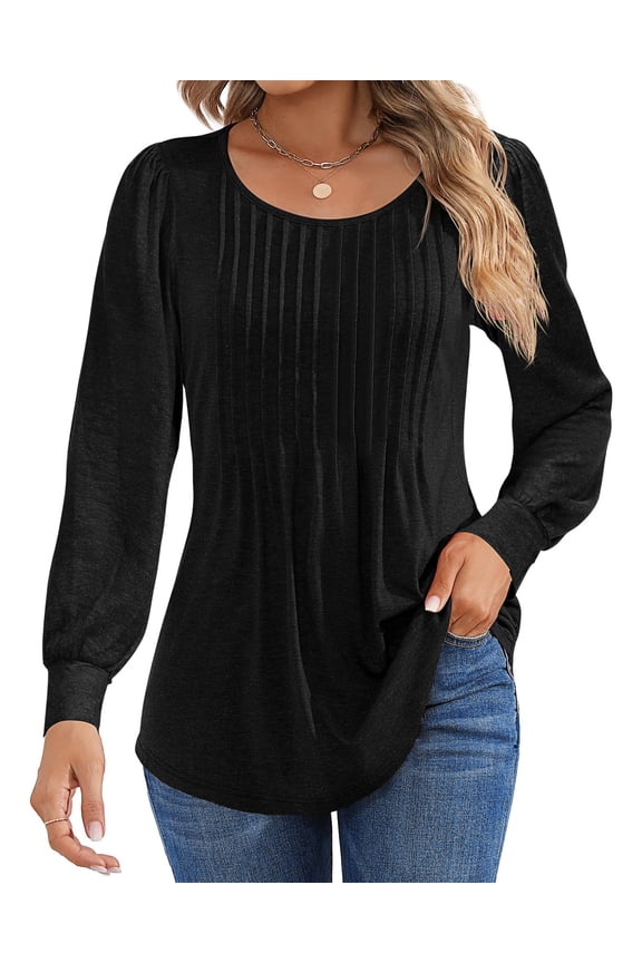 Floral Blouses for Women Pleated Long Sleeve Shirts Casual Crewneck Tunic Tops