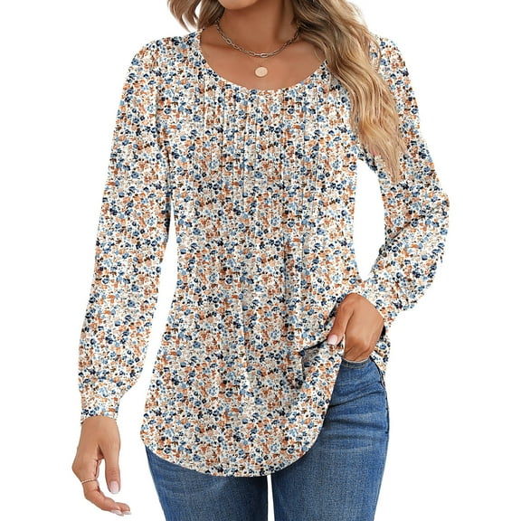 Shine Up Floral Blouses for Women Pleated Long Sleeve Shirts Casual Crewneck Tunic Tops