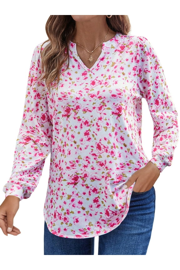 Floral Print Blouses for Women V Neck Long Sleeve Shirts Boho Casual Ladies Tops