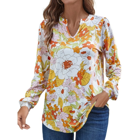 UVN Floral Print Blouses for Women V Neck Long Sleeve Shirts Boho Casual Ladies Tops