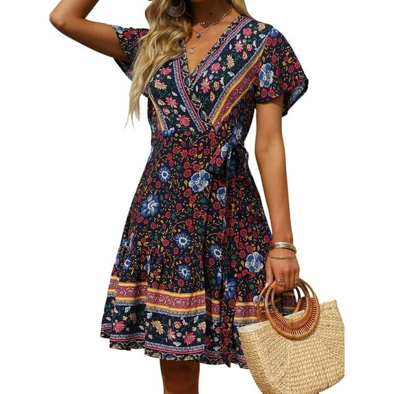 UVN Floral Print Dress Women V Neck Boho Dresses Ruffle Summer Wrap Swing A Line Beach Mini Dress