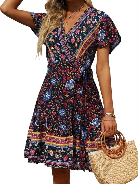 Floral Print Dress Women V Neck Boho Dresses Ruffle Summer Wrap Swing A Line Beach Mini Dress