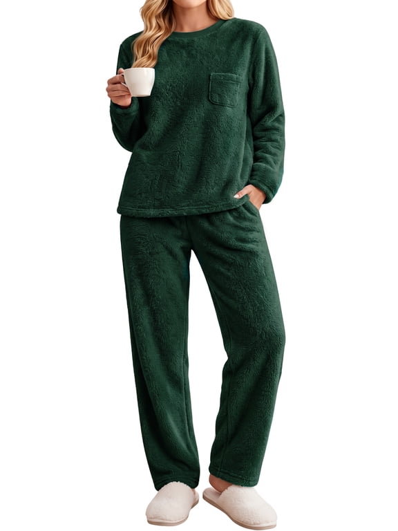 Fluffy Pajamas Set for Women Winter Fleece Long Sleeve Tops and Pants 2 Piece Outfits Soft Plush Pjs
