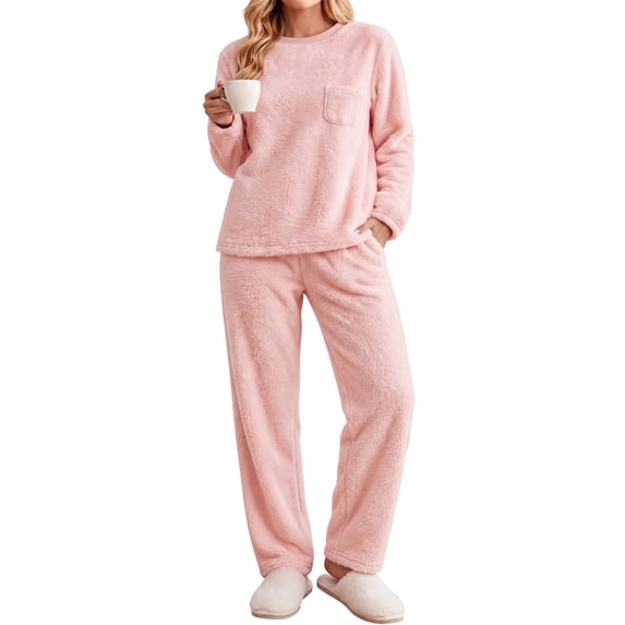 UVN Fluffy Pajamas Set for Women Winter Fleece Long Sleeve Tops and Pants 2 Piece Outfits Soft Plush Pjs