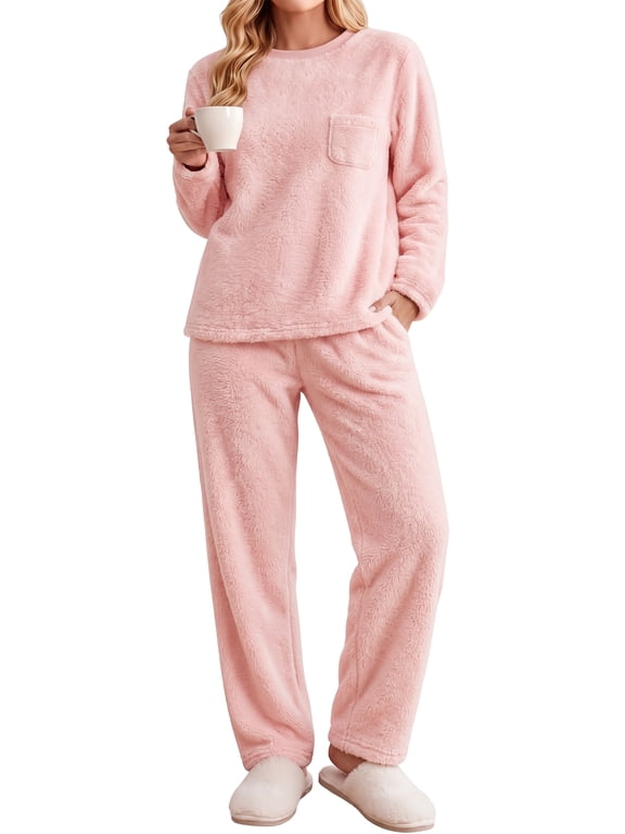 Fluffy Pajamas Set for Women Winter Fleece Long Sleeve Tops and Pants 2 Piece Outfits Soft Plush Pjs